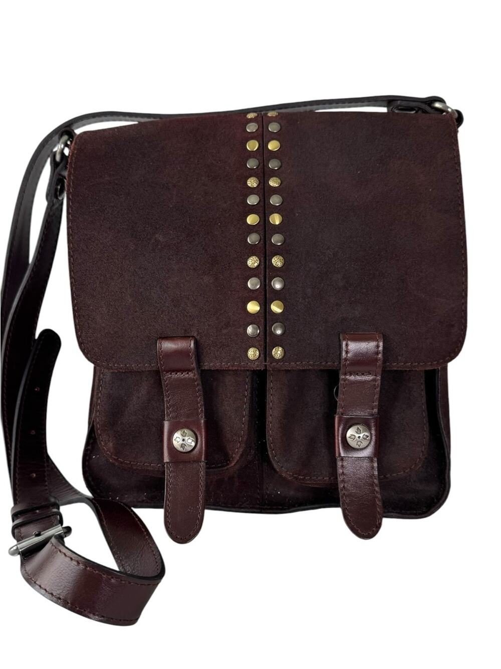 Patricia Nash Armeno Brown Suede Studded Crossbody Bag Flap Messenger Boho